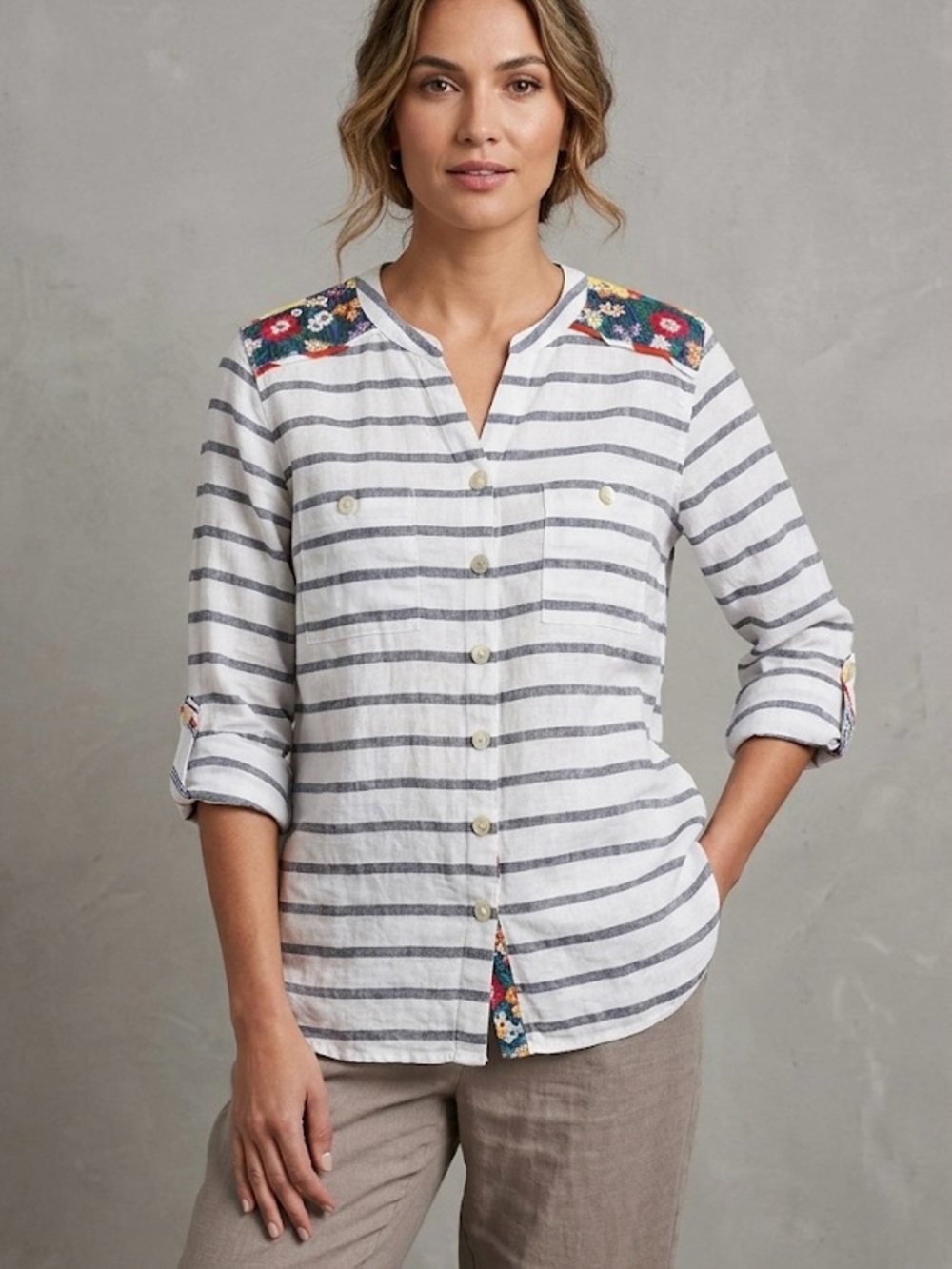 John Mark Linen Top Women's Size XL Floral Striped Button Front Resort Costal